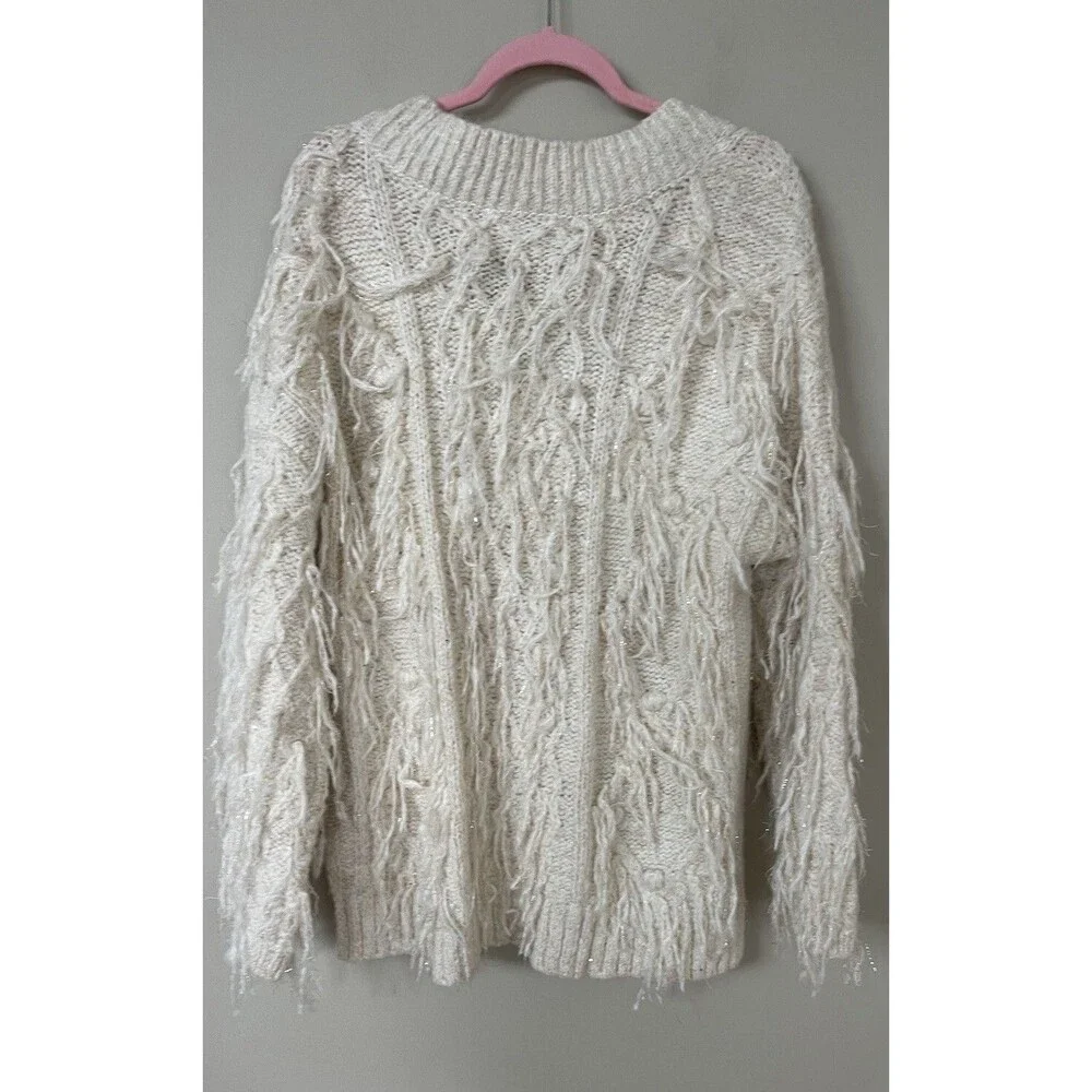 Anthropologie Fringed Boho Pullover Oversized Ivory Preppy Sweater Top Sz M New